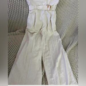 Monteau Linen Blend Jumpsuit NWT Beige Wide Leg Belted Romper Strapless